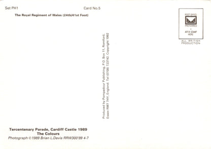 Back of a card with text and a logo, featuring the Royal Regiment of Wales.