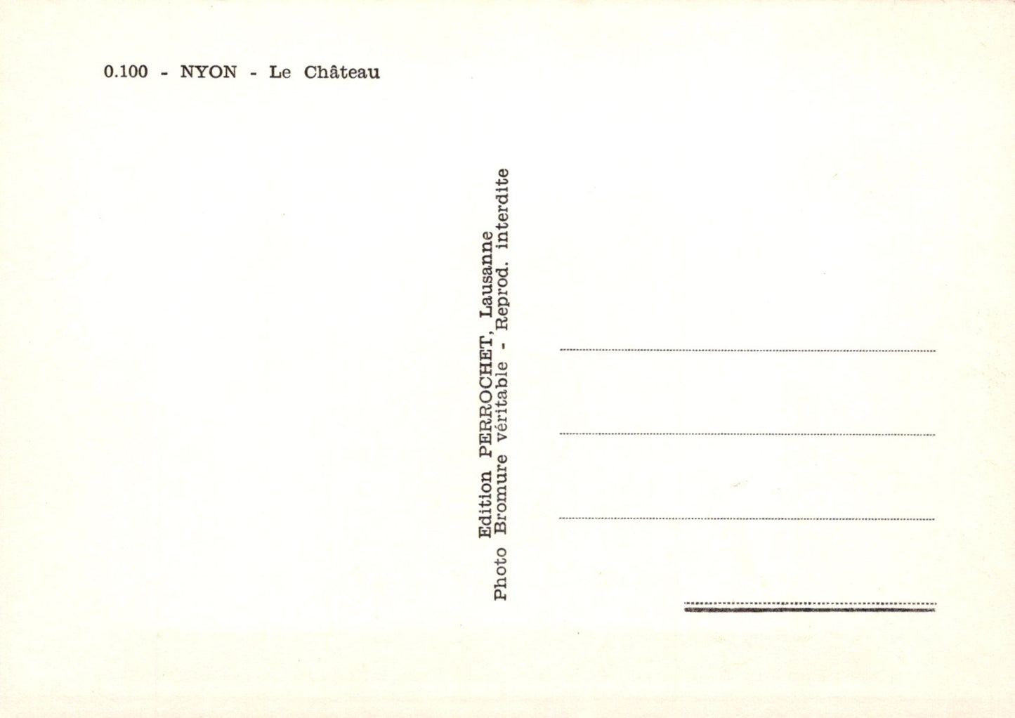 Back of a postcard from Nyon with text and a light gradient background
