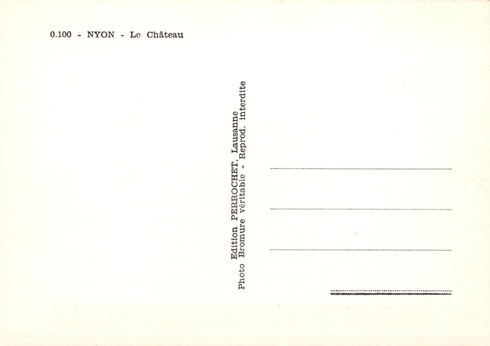 Back of a postcard from Nyon with text and a light gradient background