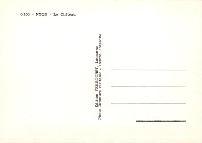 Back of a postcard from Nyon with text and a light gradient background