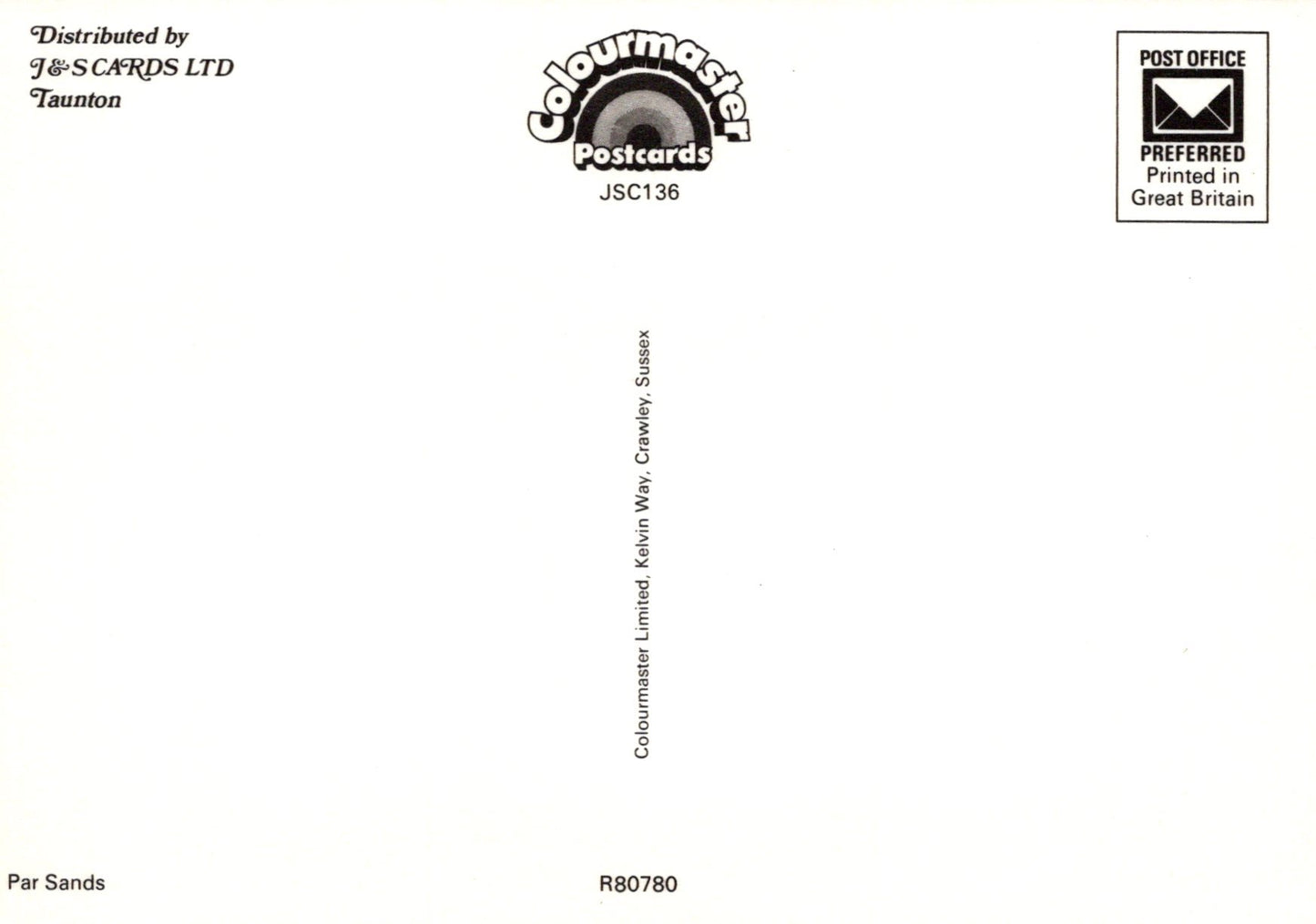 Back of a postcard with 'Colourmaster Postcards' branding and text.
