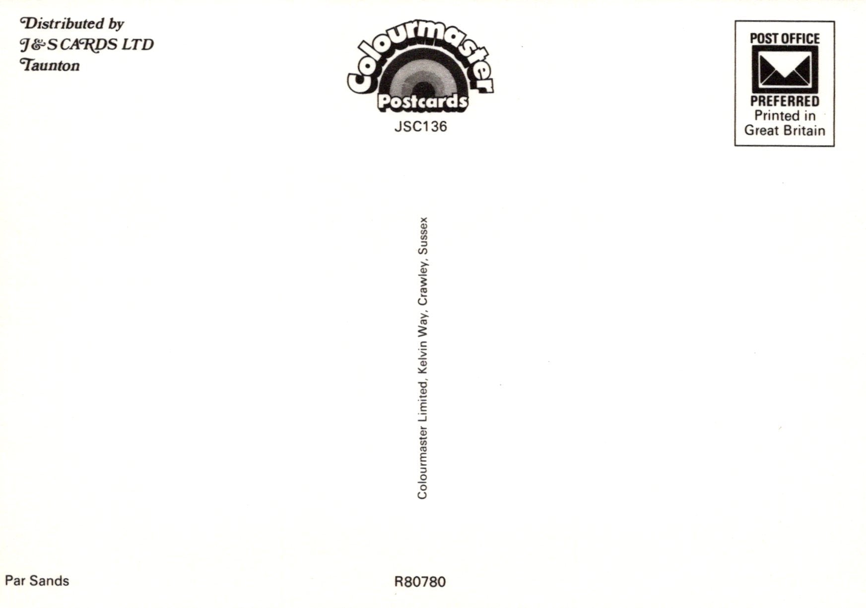 Back of a postcard with 'Colourmaster Postcards' branding and text.
