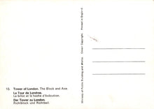 Load image into Gallery viewer, Back of a postcard with text about the Tower of London, printed in England.
