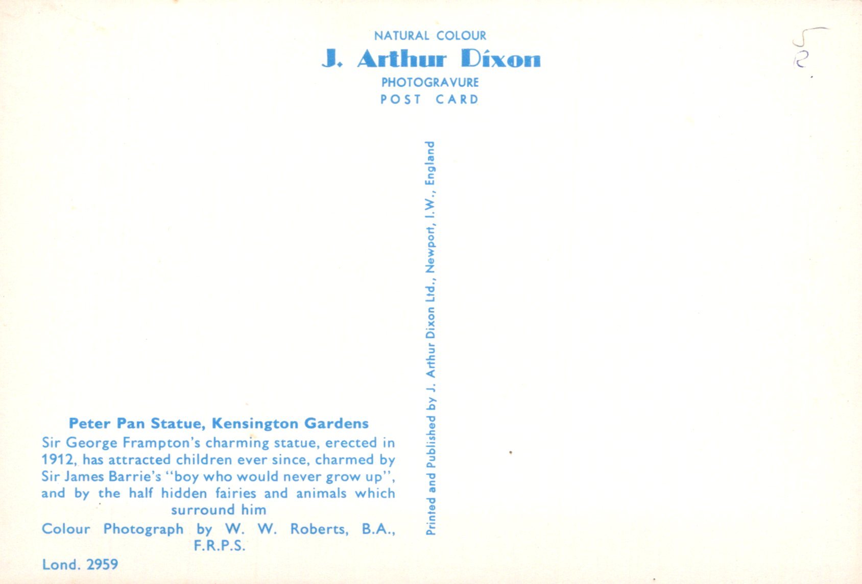 Back of a postcard with text about the Peter Pan statue in Kensington Gardens, London, featuring J. Arthur Dixon's photography.