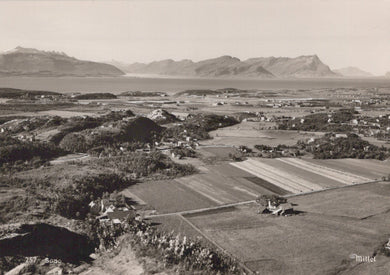 Vintage black and white photograph of a landscape with fields and mountains in the background