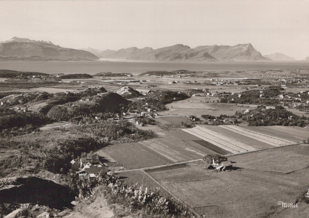 Vintage black and white photograph of a landscape with fields and mountains in the background