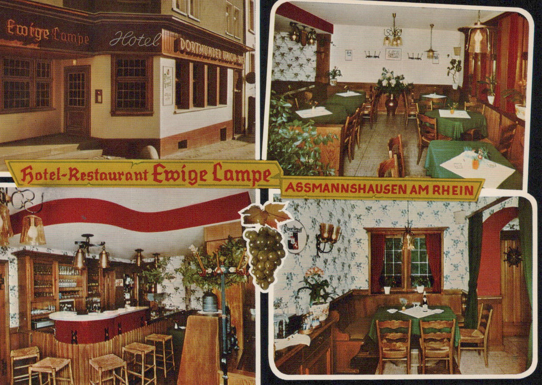 Collage of images from Hotel-Restaurant Ewige Lampe in Assmannshausen am Rhein, featuring interior views and exterior.