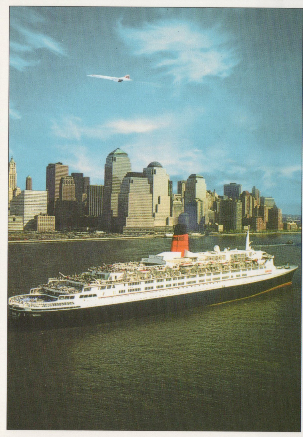 Cruise ship sailing on water with a city skyline in the background