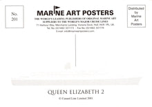 Load image into Gallery viewer, Marine Art Posters branded card with &#39;Queen Elizabeth 2&#39; and contact information.
