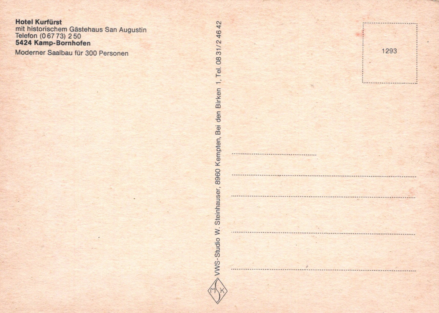 Back of a postcard with text and a grid for addressing, on a pinkish-beige background.
