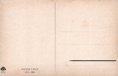 Vintage-style postcard with 'Franz Liszt' text and dates on a beige background