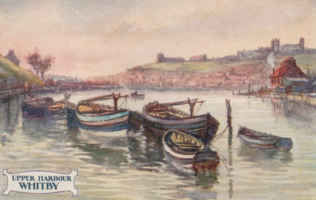 Harbor scene with boats and a coastal town in the background