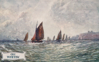 Painting of sailboats on the water with a coastal scene in the background.