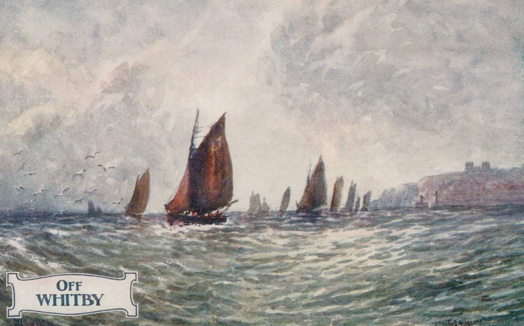 Painting of sailboats on the water with a coastal scene in the background.