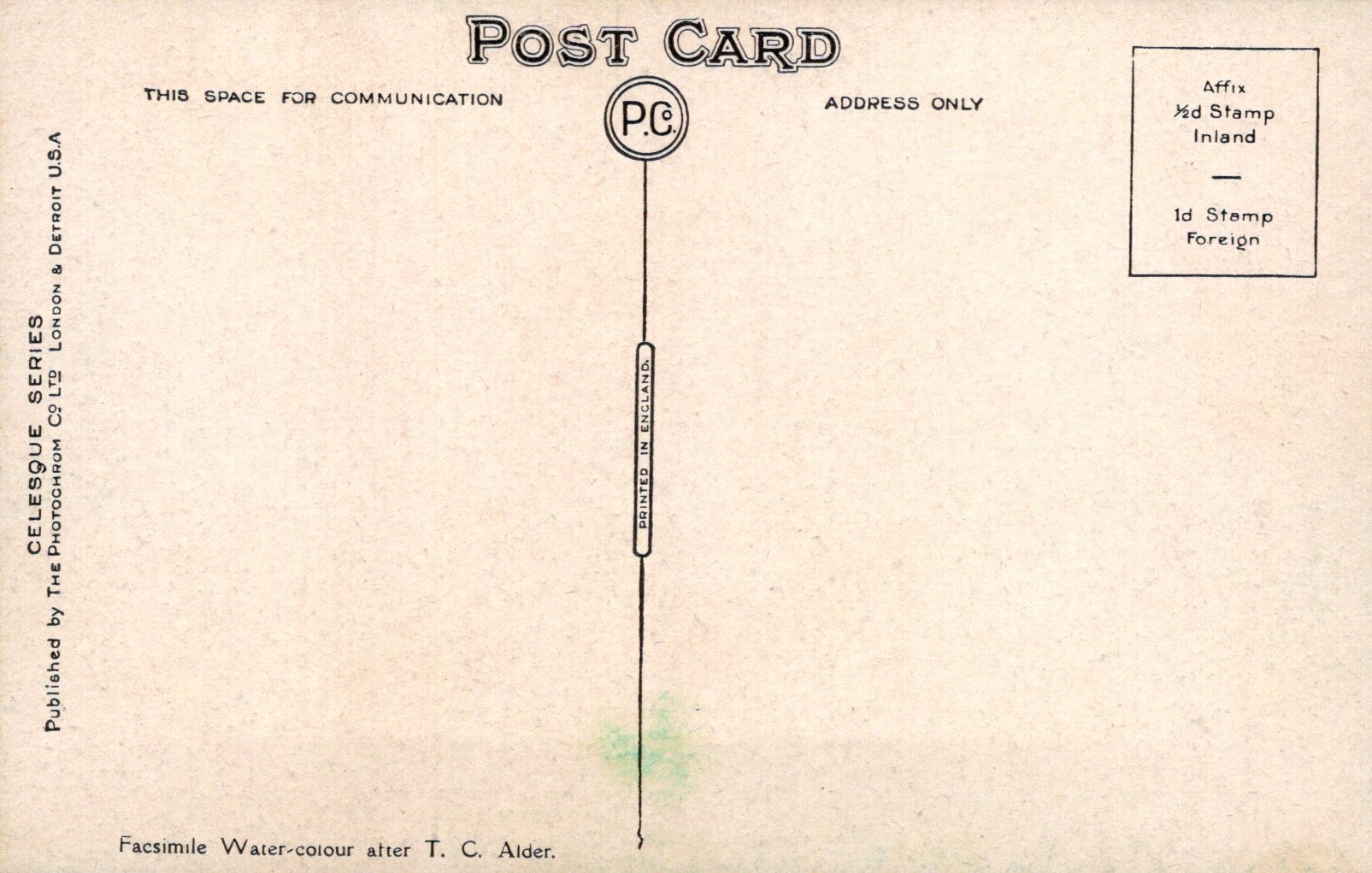 Vintage postcard with typographic design and 'PC' logo