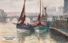 Load image into Gallery viewer, Painting of a harbor scene with boats and people, featuring the text &#39;Lower Harbour Whitby&#39;.
