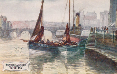 Painting of a harbor scene with boats and people, featuring the text 'Lower Harbour Whitby'.