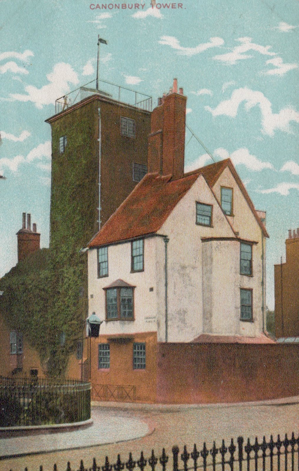 Vintage illustration of a house with a tower labeled 'Canonbury Tower' under a blue sky with clouds.