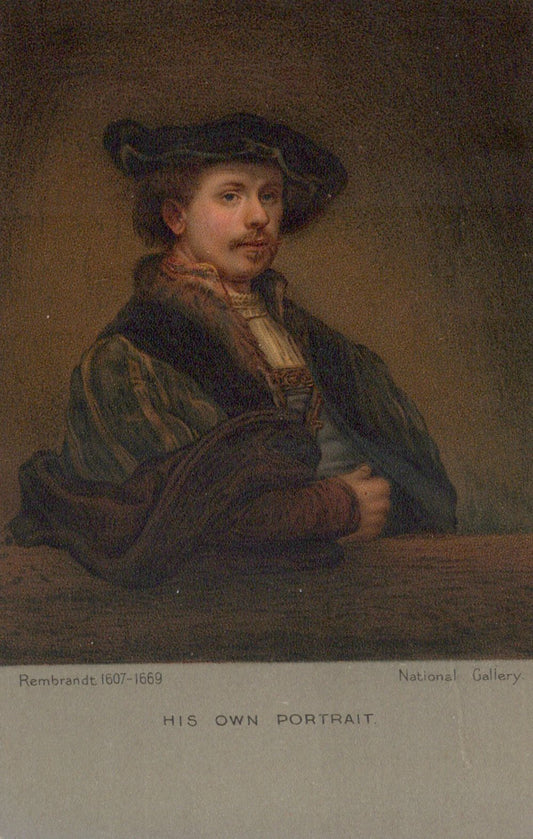 Portrait of a man with a hat, sitting at a table, with 'National Gallery' label.