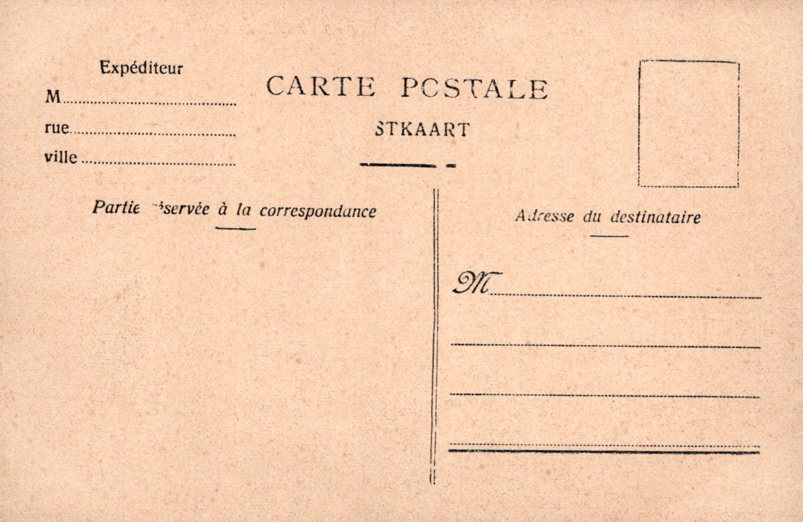 Vintage postcard with printed text and address fields on a beige background
