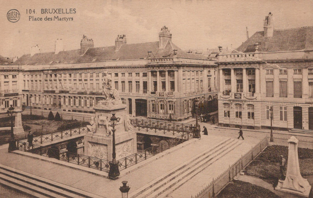 Vintage photograph of a square with a central statue and buildings in Brussels, Belgium.