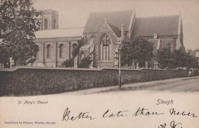 Vintage postcard of St. Mary's Church in Slough with a handwritten message.