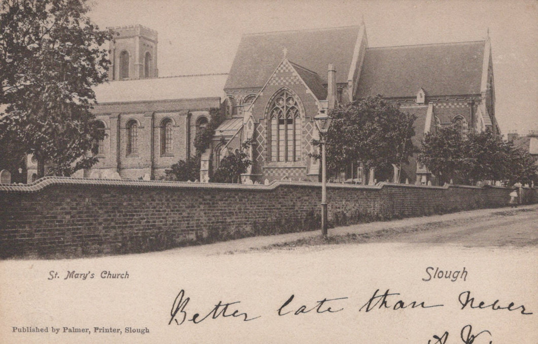 Vintage postcard of St. Mary's Church in Slough with a handwritten message.