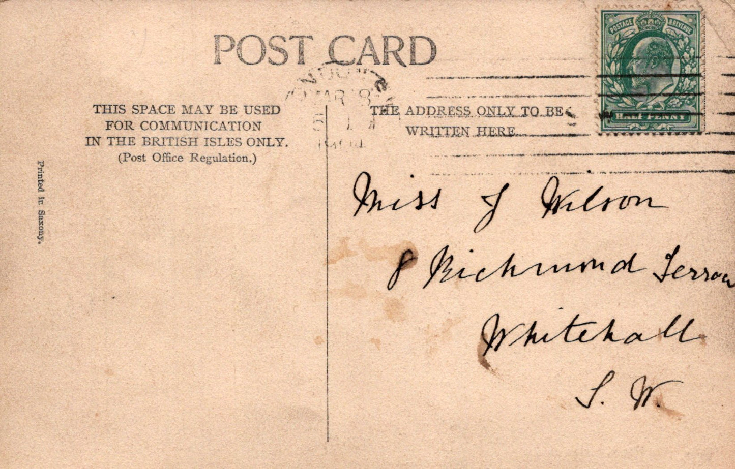 Vintage postcard with text and a stamp, featuring communication guidelines and an address field.