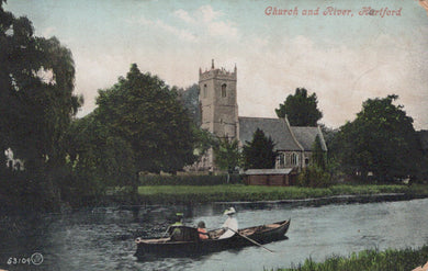 Vintage postcard of a church and river scene with people in a boat.