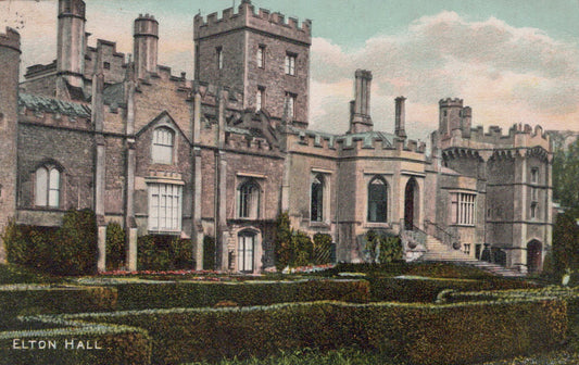 Elton Hall, a large castle-like building with battlements, surrounded by greenery.