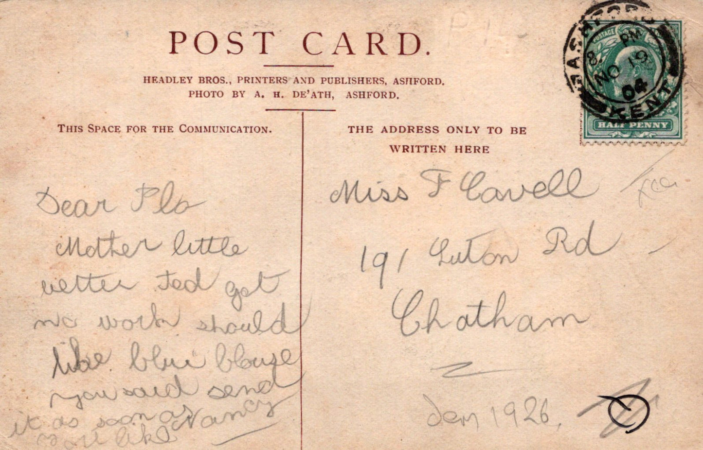 Vintage postcard with handwritten text and a stamp, featuring Bradley Bros. branding.
