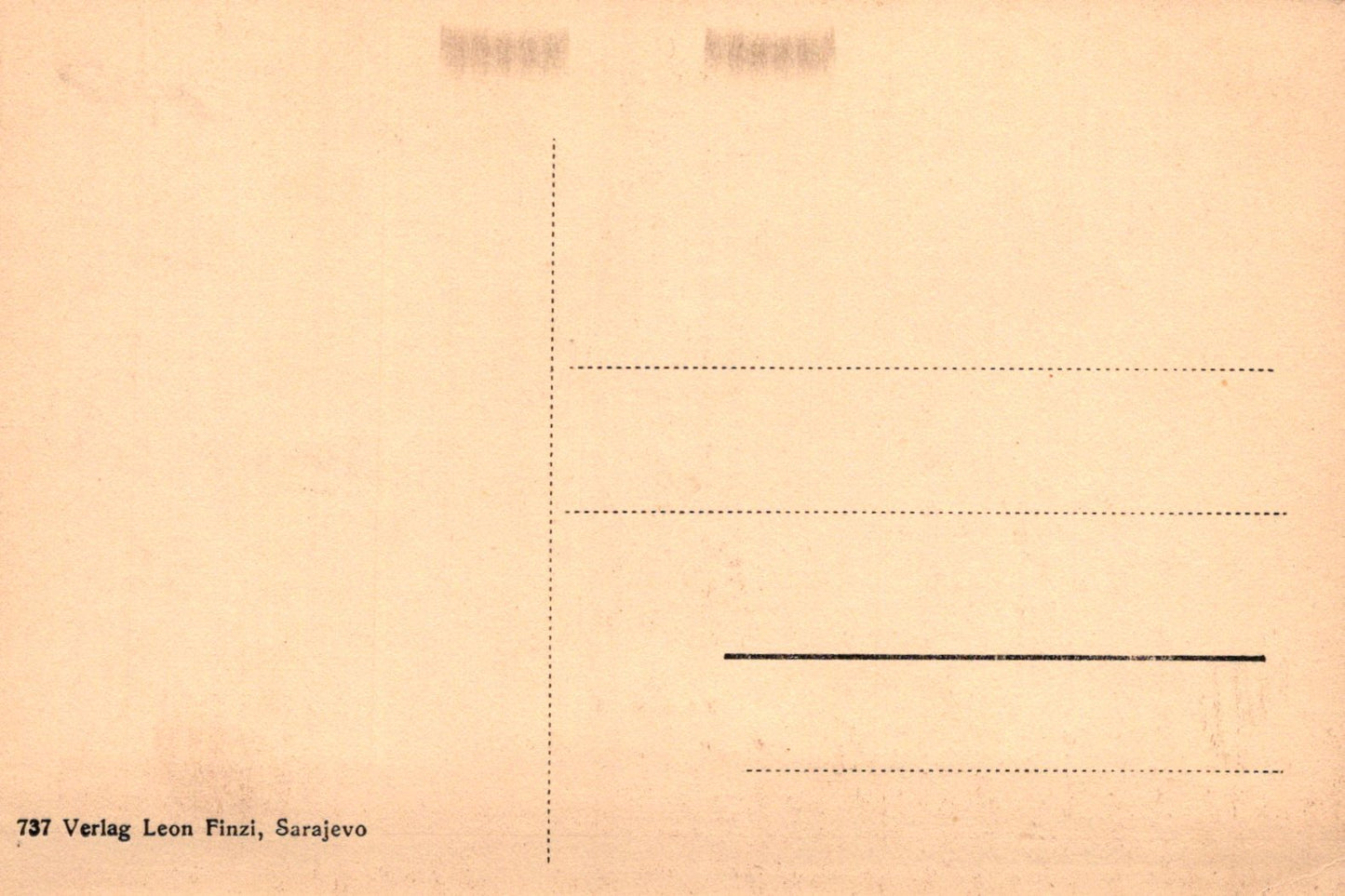 Beige postcard with text and lines for writing, featuring 'Verlag Leon Finzi, Sarajevo' at the bottom.