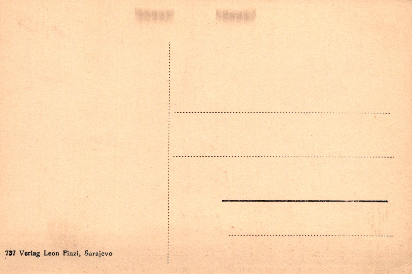 Beige postcard with text and lines for writing, featuring 'Verlag Leon Finzi, Sarajevo' at the bottom.