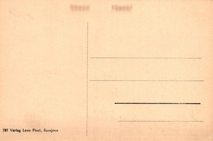 Beige postcard with text and lines for writing, featuring 'Verlag Leon Finzi, Sarajevo' at the bottom.