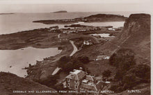 Load image into Gallery viewer, Vintage black and white photograph of a coastal landscape with buildings and a hotel, featuring the text &#39;Easdale and Ellenabeich from above the Hotel, Argyll&#39;.
