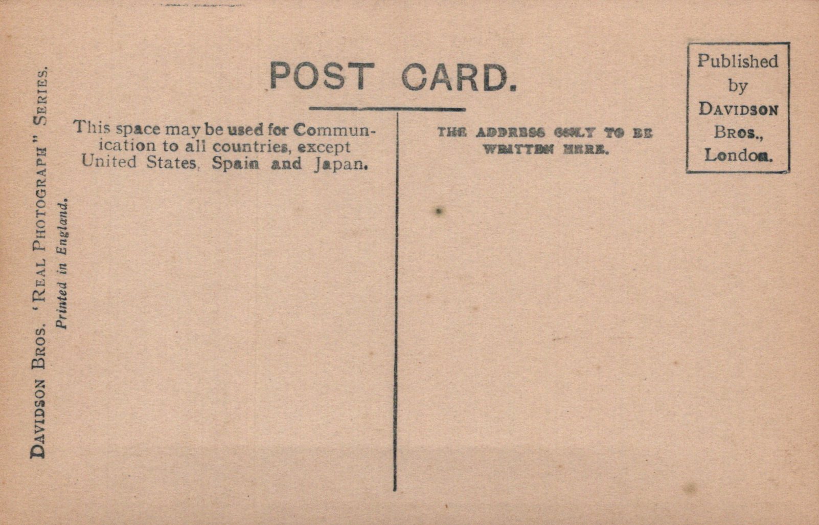 Back of a vintage postcard with text and branding