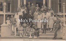 Load image into Gallery viewer, Vintage black and white photo of a family gathering on a porch with &#39;Mo&#39;s Postcards&#39; text overlay.
