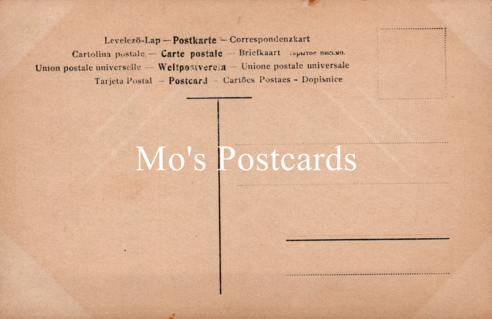 Back of a postcard with text in multiple languages.