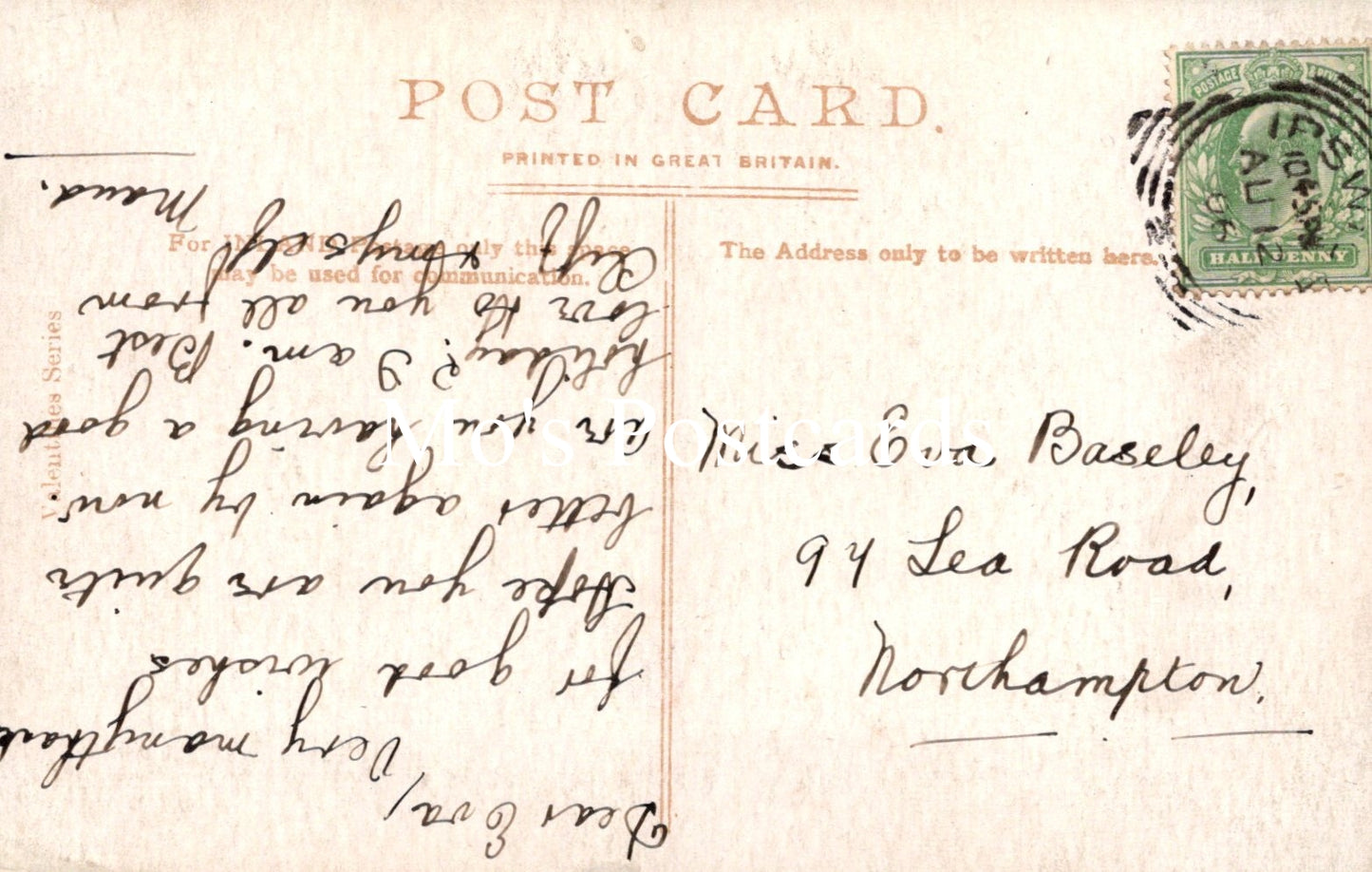 Vintage postcard with handwritten text and a stamp, printed in Great Britain.
