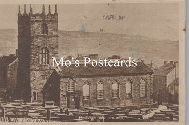 Vintage black and white photograph of Haworth Old Church with 'Mo's Postcards' text overlay.