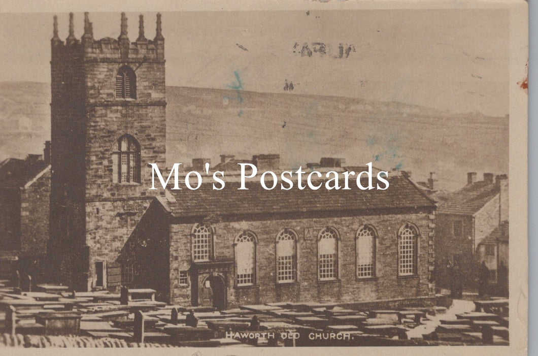 Vintage black and white photograph of Haworth Old Church with 'Mo's Postcards' text overlay.