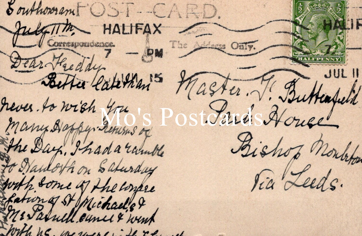 Vintage postcard with handwritten text and a stamp, featuring the brand 'Rito's Postcards'.