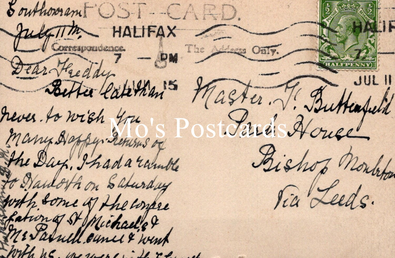 Vintage postcard with handwritten text and a stamp, featuring the brand 'Rito's Postcards'.
