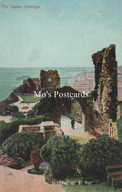 Vintage-style postcard of castle ruins with 'Mo's Postcards' branding.
