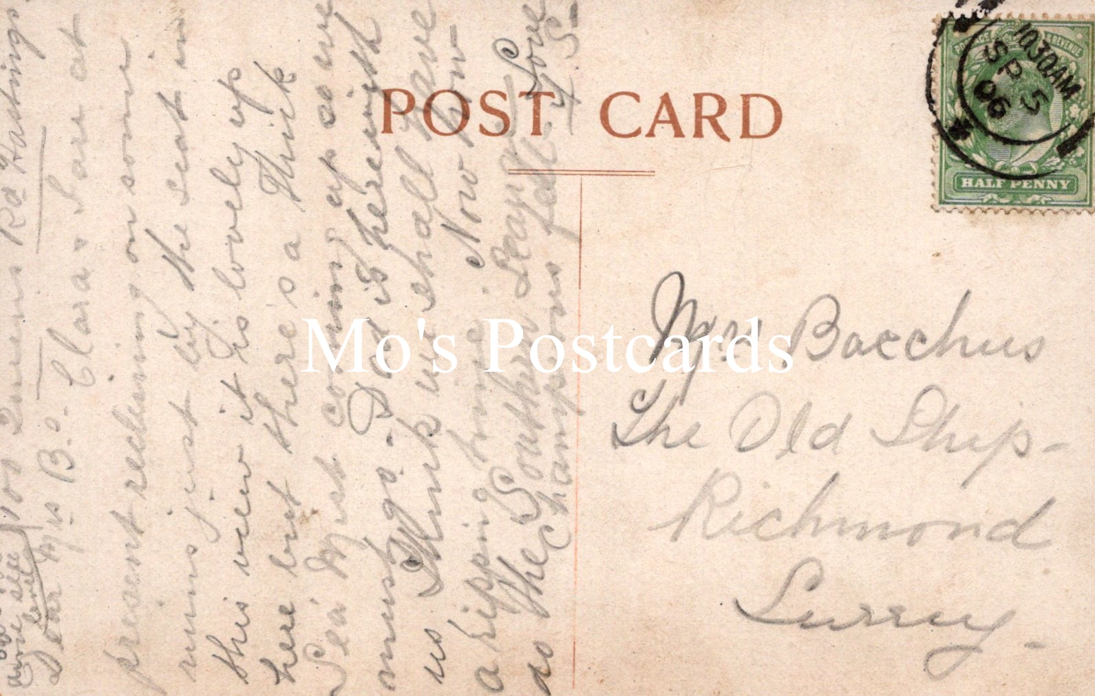 Vintage postcard with handwritten text and a stamp, featuring the brand 'Mo's Postcards'.