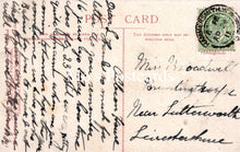 Load image into Gallery viewer, Vintage postcard with handwritten text and a stamp, featuring a red border.
