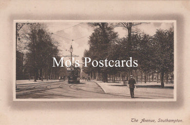 Vintage-style postcard of 'The Avenue, Southampton' with a tram and person walking.