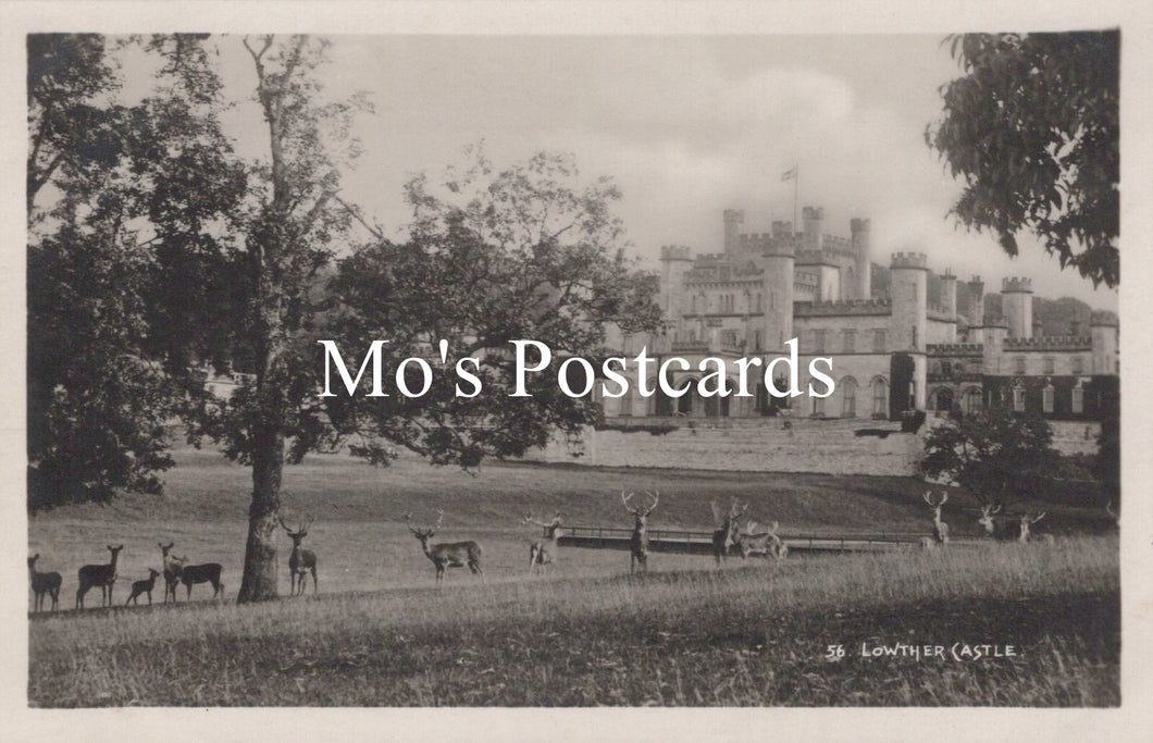 Vintage black and white postcard of a castle with deer in a park, featuring 'Mo's Postcards' text.