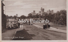 Load image into Gallery viewer, Vintage black and white postcard of Arundel Castle from a bridge 
