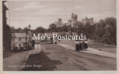 Vintage black and white postcard of Arundel Castle from a bridge 